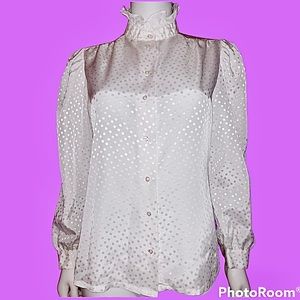 VINTAGE 70s Ruffle Mock Neck Button Down Top Polka Dot Size 12